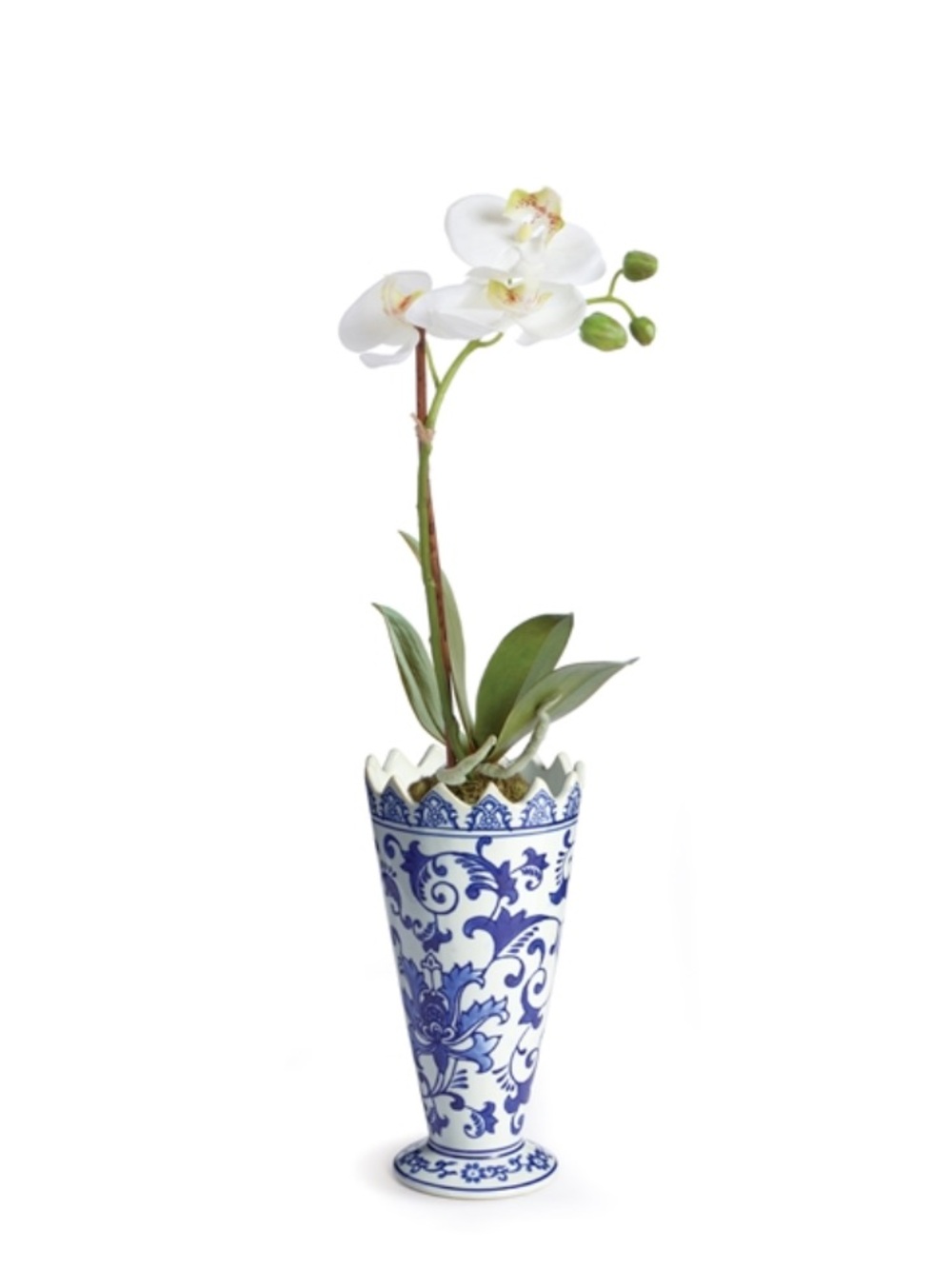 Barclay Butera Blue and White Floral Ceramic Vase with Orchid